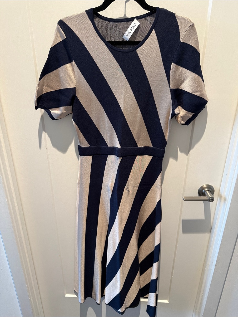 The Fold Navy and Beige Diagonal Stripe Midi Dress with Defined Waist